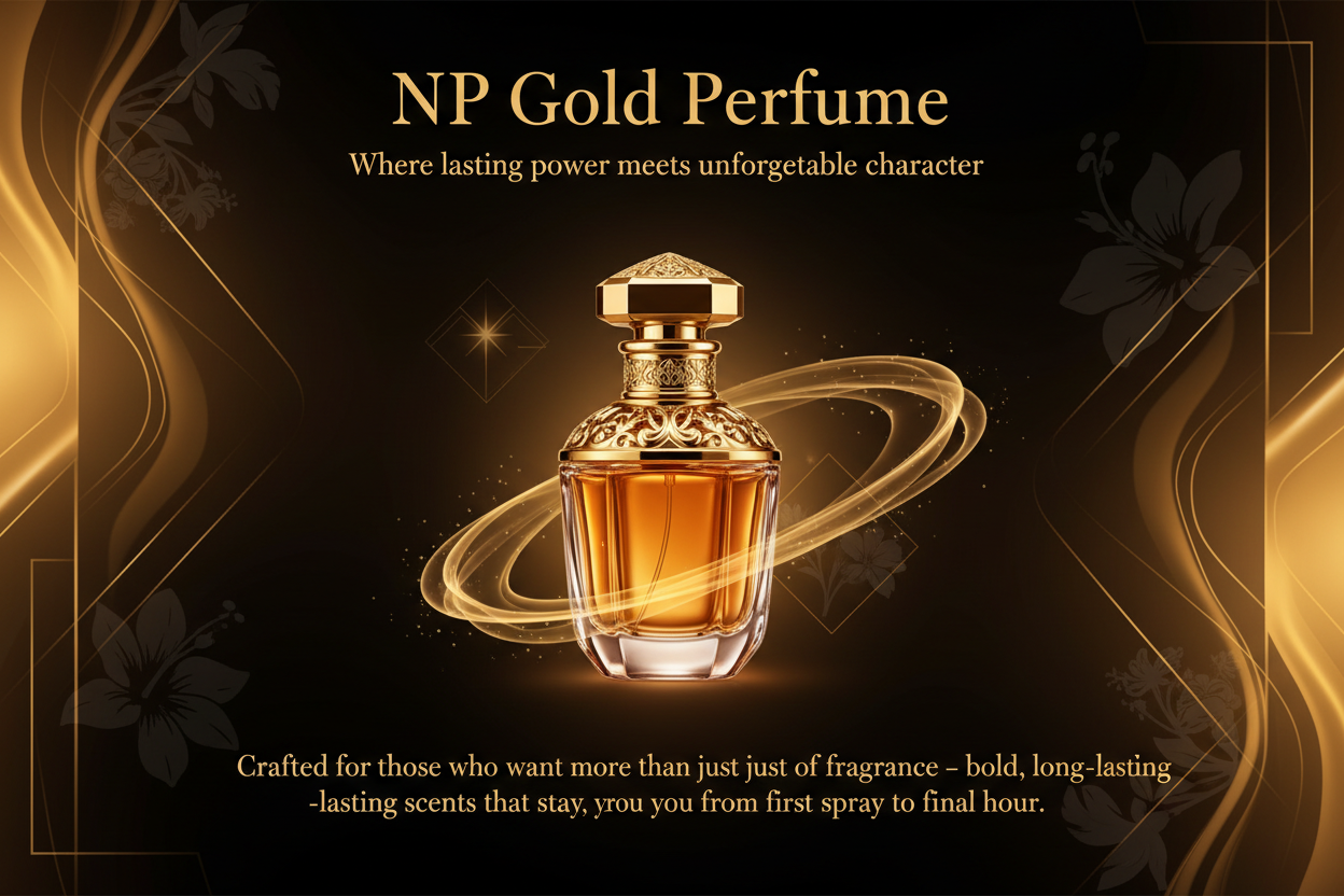 NP Gold Perfume is where lasting power meets unforgettable character. Crafted for those who want more than just a fragrance, NP Gold creates bold, long-lasting scents that stay with you from the first spray to the final hour of the day. Each blend is carefully designed to feel unique—never generic, never forgettable—balancing richness, depth, and modern elegance.

use these in a banner and make a banner for a perfume store